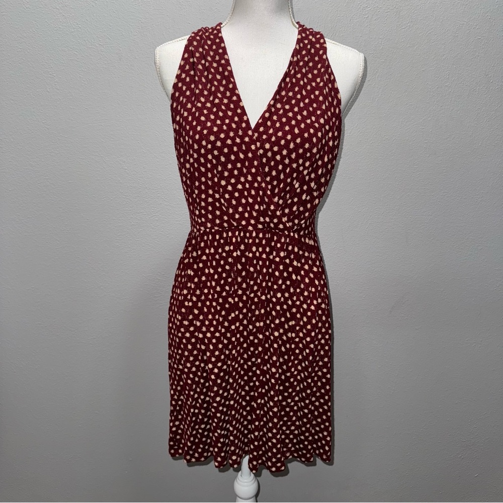 LOFT Women’s Medium Burgundy Dress Sleeveless Racerback White Polka Dots